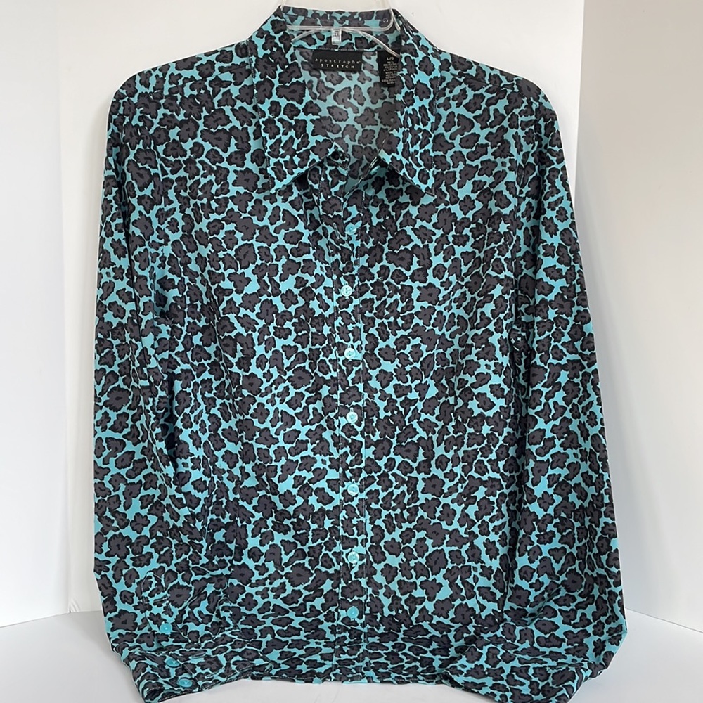 Apostrophe stretch floral, print, teal and gray button, front blouse, size large